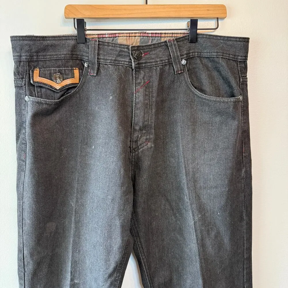 Vintage 90s Y2K Coogi Men's Leather Patch Dark Wash Baggy Jeans Size 38 x 32